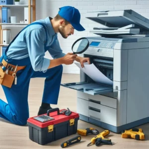Technicien effectuant la maintenance d'un photocopieur